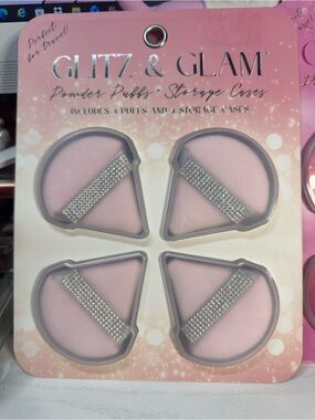 Glitz and glam pink powder puffs WITH RHINESTONES & storage cases NEW